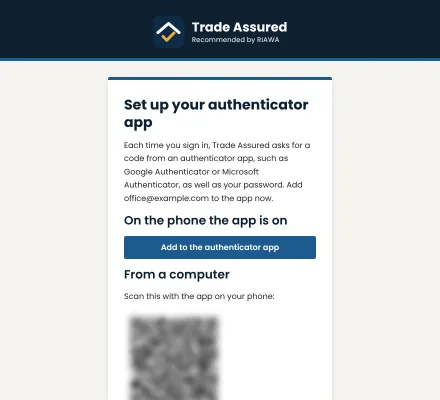 The Set up your authenticator app page, with the QR code blurred, on a computer.