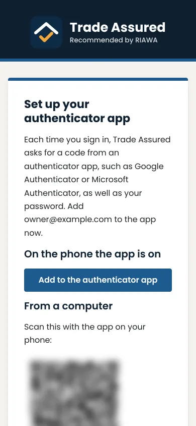 The Set up your authenticator app page, with the QR code blurred, on a phone.