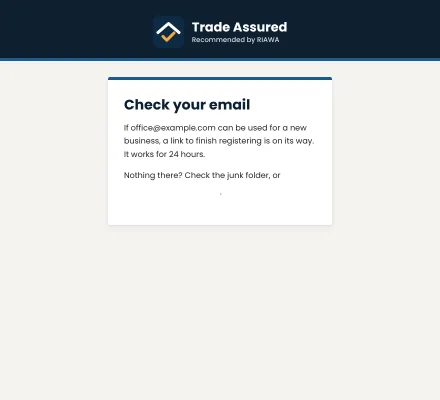 The Check your email page, saying a link to finish registering is on its way, on a computer.