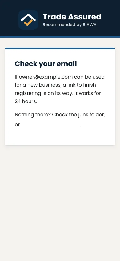 The Check your email page, saying a link to finish registering is on its way, on a phone.