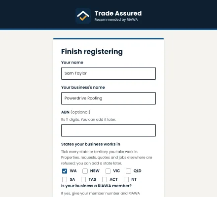 The Finish registering form with the owner's name, Powerdrive Roofing as the business, the ABN box and the states the business works in, on a computer.
