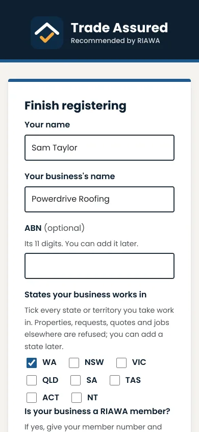 The Finish registering form with the owner's name, Powerdrive Roofing as the business, the ABN box and the states the business works in, on a phone.