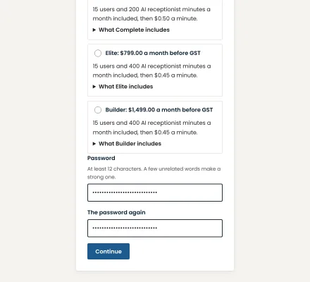 The password typed twice, and the Continue button, on a computer.