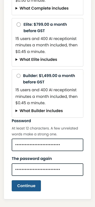 The password typed twice, and the Continue button, on a phone.