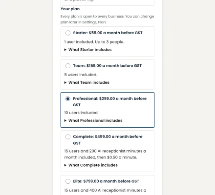 The plans to choose from, each with its monthly price before GST and what it includes, on a computer.