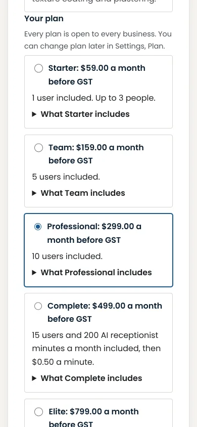 The plans to choose from, each with its monthly price before GST and what it includes, on a phone.