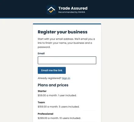 The Register your business page, asking for an email address, on a computer.