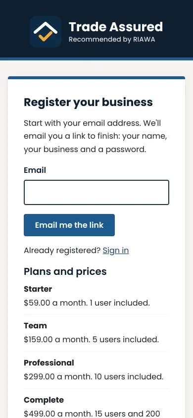 The Register your business page, asking for an email address, on a phone.