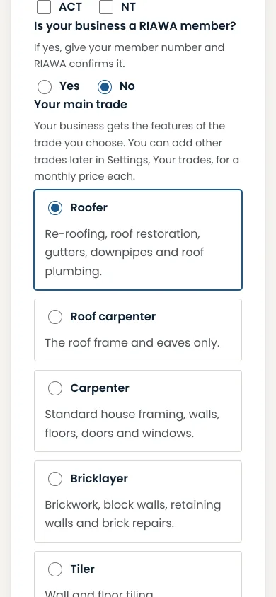 The question whether the business is a RIAWA member, answered No, and the main trade, Roofer, chosen from the trades offered, on a phone.